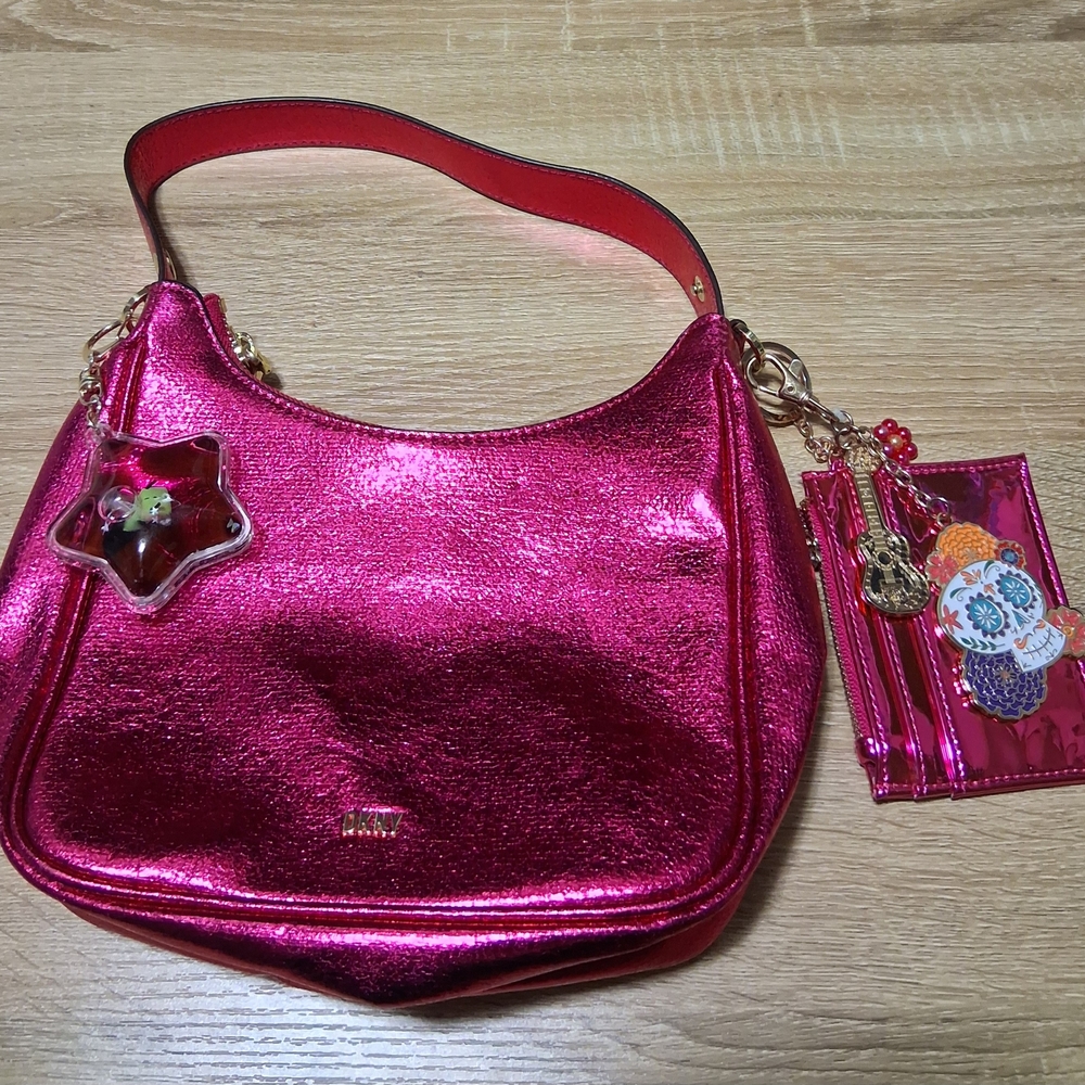 DKNY Metallic Pink Shoulder Bag with Matching Wallet Keychain and Charms